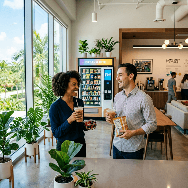 Young professionals chatting and enjoying snacks in a bright Florida breakroom