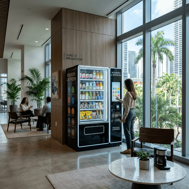 Premium modern touch-screen vending machine in a bright corporate breakroom