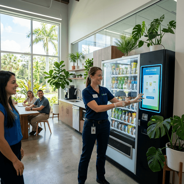 Friendly technician delivering a modern vending machine to a bright office