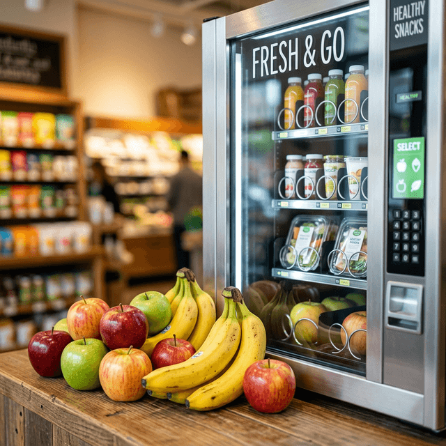 Fresh fruit arranged next to a modern vending machine glass front